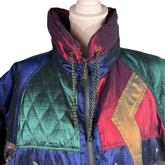 Vintage Otello Pelle Multicolor Quilted Jacket Medium Jewel Tones Ski Winter - Picture 7 of 16